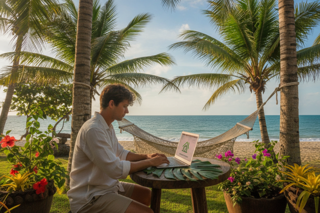 A serene outdoor workspace in Costa Rica, showcasing a digital nomad immersed in work. In the foreground, a young professional with a laptop sits at a rustic wooden table surrounded by lush greenery and colorful tropical flowers, wearing casual yet modest clothing. The middle ground features a hammock and a gentle breeze swaying palm trees, with hints of the coastline visible. In the background, a bright blue sky with soft, fluffy clouds conveys a sense of tranquility. The lighting is warm and natural, enhancing the vibrant colors of the foliage and adding a lively atmosphere. The scene captures the essence of a digital nomad lifestyle, highlighting the contrast between temporary workspaces and aspirations for permanent residency in paradise.