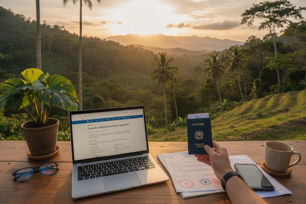 A serene outdoor workspace in Costa Rica, showcasing the essentials for a digital nomad's visa application. In the foreground, a neatly organized desk with a laptop open to a government website, papers with official stamps, and a tropical plant adding a splash of green. In the middle, a close-up of a hand holding a passport, beside essential documents like proof of income and health insurance forms. The background features a vibrant Costa Rican landscape, with lush greenery, palm trees, and a hint of distant mountains, bathed in warm, natural light. The mood is relaxed yet focused, reflecting the lifestyle of digital nomads in a picturesque setting. A serene outdoor workspace in Costa Rica, showcasing the essentials for a digital nomad's visa application. In the foreground, a neatly organized desk with a laptop open to a government website, papers with official stamps, and a tropical plant adding a splash of green. In the middle, a close-up of a hand holding a passport, beside essential documents like proof of income and health insurance forms. The background features a vibrant Costa Rican landscape, with lush greenery, palm trees, and a hint of distant mountains, bathed in warm, natural light. The mood is relaxed yet focused, reflecting the lifestyle of digital nomads in a picturesque setting.