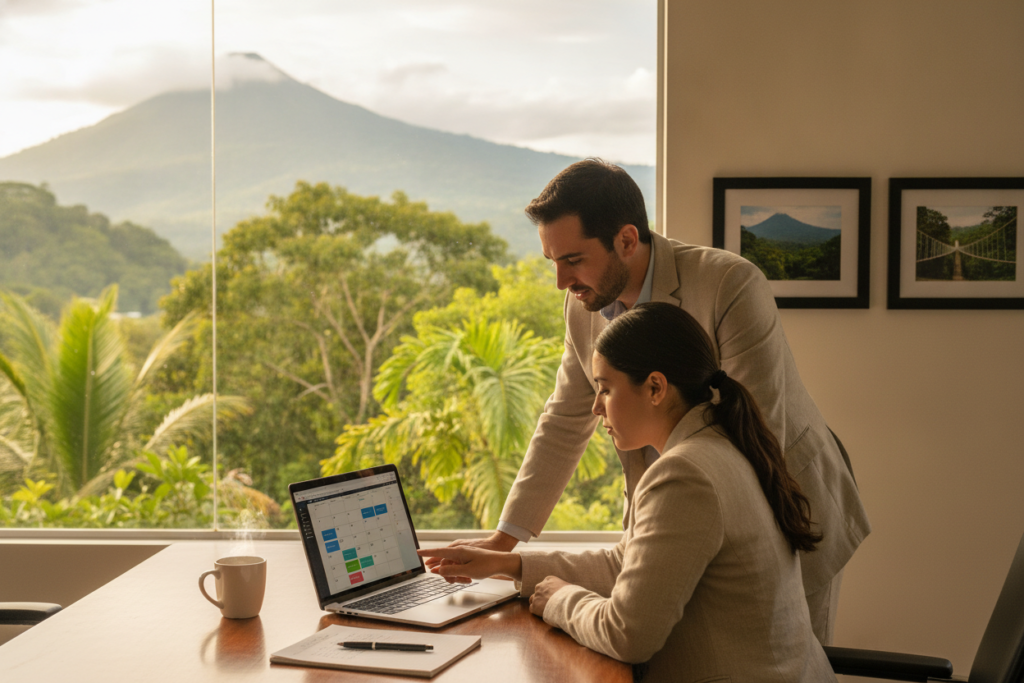 A serene, photorealistic Costa Rican landscape, showcasing a professional office environment in the foreground. Include a polished wooden desk with a laptop open, displaying a calendar app filled with appointment dates, hints of tropical greenery visible through a large window in the background. Soft, natural light floods the room, creating a warm atmosphere conducive to thoughtful planning. A pair of business professionals, dressed in business attire, are engaged in a focused discussion about rescheduling, with a notepad and pen on the desk. Framed images of Costa Rican landmarks hang on the walls, adding cultural significance and depth to the setting. Use a shallow depth of field to emphasize the desk and professionals while softly blurring the lush scenery outside.