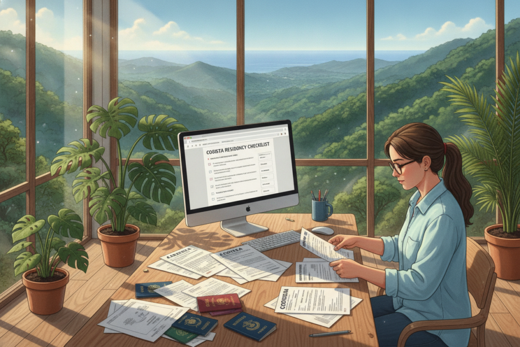 A serene, photorealistic illustration focusing on the process of document preparation for Costa Rica residency applications. In the foreground, a table is cluttered with documents such as passports, financial statements, and application forms. A professional individual, casually dressed, diligently organizes papers, surrounded by tropical plants, reflecting Costa Rica's natural beauty. In the middle ground, a computer displays a web page with checklists, while natural light filters through large windows, casting soft shadows. The background showcases a scenic Costa Rican landscape, including lush greenery and a clear blue sky, setting a calm and focused atmosphere. The overall mood is encouraging and serene, emphasizing the step-by-step approach to residency documentation.