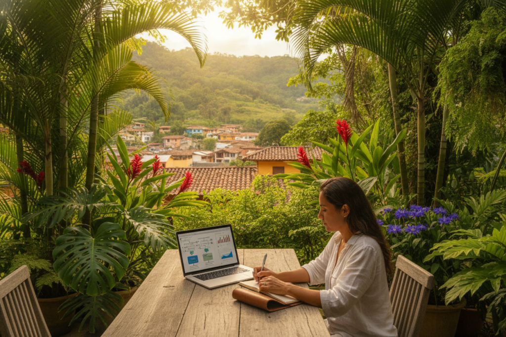 A serene, photorealistic image depicting an outdoor workspace in Costa Rica, with a focus on optimizing application strategy. In the foreground, a casually dressed professional, a Latin American woman, sits at a rustic wooden table with a laptop open, surrounded by tropical plants. In the middle ground, soft sunlight filters through vibrant green leaves, creating a warm, inviting atmosphere. A few colorful local flowers add pops of color. In the background, hints of a lively Costa Rican village illustrate a sense of community. The overall mood is focused yet relaxed, capturing the essence of strategic planning amid a stunning natural setting, emphasizing a balance of work and the beauty of Costa Rica’s environment.