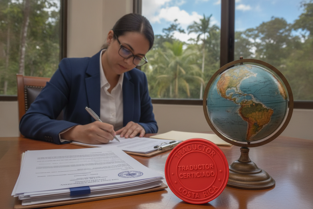 A serene, photorealistic image depicting the essentials of certified translation requirements for Costa Rica residency. In the foreground, a meticulously arranged desk with a certified translator's stamp, a stack of official documents in Spanish, and a globe highlighting Costa Rica. In the middle ground, a professional individual in smart business attire, diligently reviewing documents under soft, natural lighting that filters through a nearby window. In the background, a lush green landscape typical of Costa Rica, featuring palm trees and a glimpse of the vibrant blue sky. The overall atmosphere is calm and focused, reflecting a professional environment dedicated to the precise work of translation.