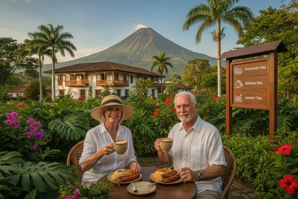 A serene, photorealistic landscape of Costa Rica, capturing the essence of expatriate life for U.S. retirees. In the foreground, a well-dressed American couple sits at a charming outdoor café, enjoying traditional Costa Rican coffee, surrounded by lush greenery and vibrant tropical flowers. In the middle ground, picturesque colonial-style buildings with soaring palm trees tower gently, while an information board displays various visa options with icons representing each category—pensionado, rentista, and investor visas. The background features the breathtaking silhouette of Arenal Volcano, bathed in warm, natural light, showcasing clear blue skies. The atmosphere is tranquil and inviting, symbolizing a new beginning for expats exploring their retirement options. No text or logos are present, focusing solely on the natural beauty and cultural vibrancy of Costa Rica.
