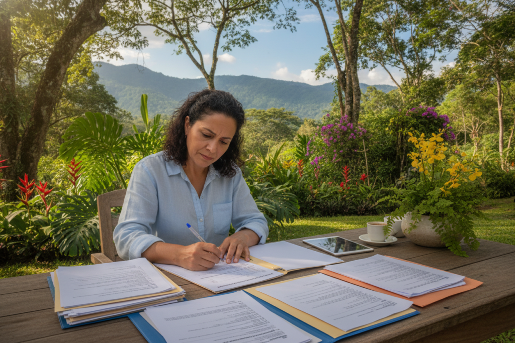 A serene, photorealistic outdoor setting in Costa Rica, showcasing a wooden table adorned with neatly organized papers and documents related to an application process. In the foreground, a casually dressed individual, perhaps a middle-aged Latin American man or woman, is reviewing the checklist, looking focused and determined. The middle ground features a lush tropical garden, with vibrant green leaves and colorful flowers adding to the atmosphere. In the background, a clear blue sky and distant mountains enhance the setting’s tranquility. Soft, natural lighting streams through the trees, creating a warm and inviting mood. The scene embodies a sense of professionalism and hopefulness in preparing a residency application.