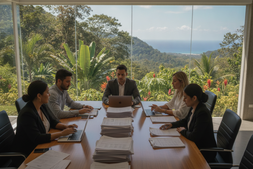 A serene, photorealistic scene depicting professionals in a bright, airy office setting in Costa Rica, showcasing the journey of residency support. In the foreground, a diverse group of individuals, dressed in smart business attire, collaborate over documents on a conference table filled with Costa Rican residency papers, pens, and laptops. In the middle ground, lush greenery from the tropical landscape visible through large windows enhances the atmosphere, with hints of vibrant flowers indicative of Costa Rica’s rich biodiversity. The background reveals gentle hills and distant ocean views under natural sunlight, casting soft shadows, creating an inviting and supportive ambiance. Overall, the mood is professional yet warm, embodying teamwork and guidance in the residency process.
