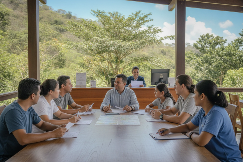 A serene, photorealistic scene depicting the residency and immigration process in Costa Rica. In the foreground, a diverse group of individuals, casually dressed, are engaged in conversation while reviewing residency documents and maps at a wooden table, highlighting collaboration and community support. In the middle ground, a friendly immigration officer assists a family at a service counter, providing guidance with a warm smile. The background features picturesque Costa Rican landscapes with lush greenery and a bright blue sky, symbolizing hope and new beginnings. The scene is bathed in natural light, evoking an uplifting and welcoming atmosphere, capturing the essence of navigating the residency process in this beautiful country.