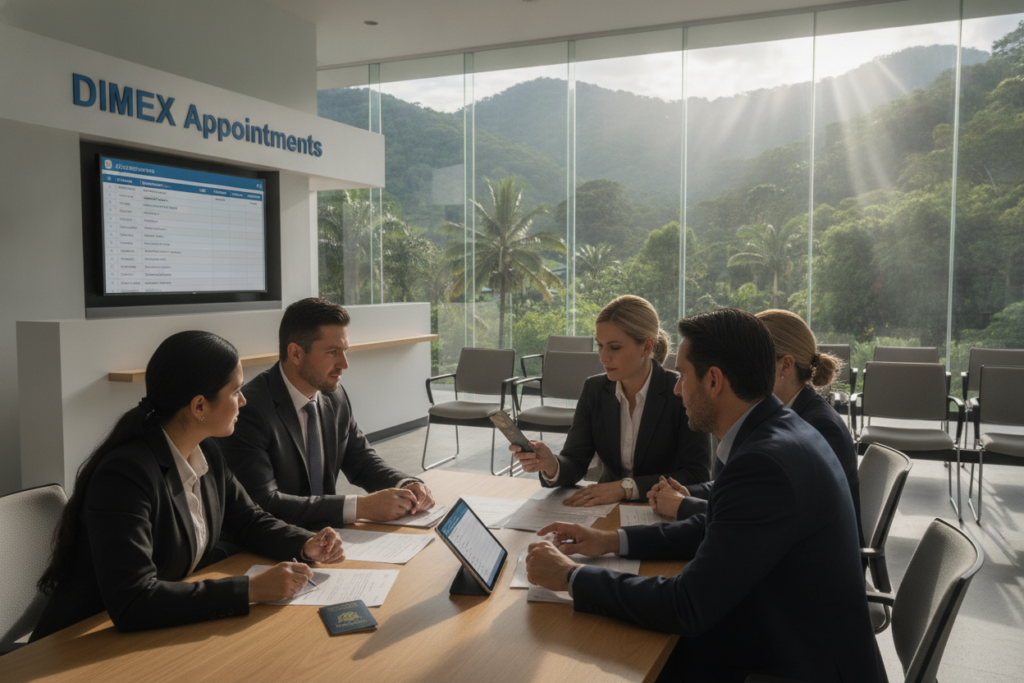 A serene, photorealistic scene depicting the step-by-step DIMEX appointment process in Costa Rica. In the foreground, a diverse group of people in professional business attire is engaged in discussions while reviewing documents on a table. The middle ground showcases a well-organized waiting area with a sign indicating "DIMEX Appointments" and a digital screen displaying appointment schedules. In the background, lush green landscapes typical of Costa Rica can be seen, with gentle sunlight filtering through the trees, creating a warm and inviting atmosphere. Soft shadows enhance the realism, captured from a slightly elevated angle to provide a comprehensive view of the appointment process, evoking a sense of order and professionalism. The overall mood is calm and focused, reflecting the importance of booking an appointment efficiently.