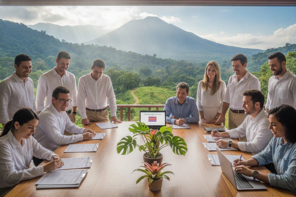 A serene, photorealistic scene illustrating a "Step-by-Step Guide to Applying for a Work Permit" in Costa Rica. In the foreground, a diverse group of individuals, both men and women, casually dressed in professional yet relaxed clothing, are gathered around a wooden table filled with application forms, laptops, and tropical plants. In the middle ground, a picturesque view of Costa Rican landscape featuring lush greenery and a hint of cloud-covered mountains, creating an inviting atmosphere. The background includes a soft blue sky with natural sunlight filtering through, enhancing the sense of clarity and optimism. The overall mood is calm and professional, encouraging productivity and collaboration.