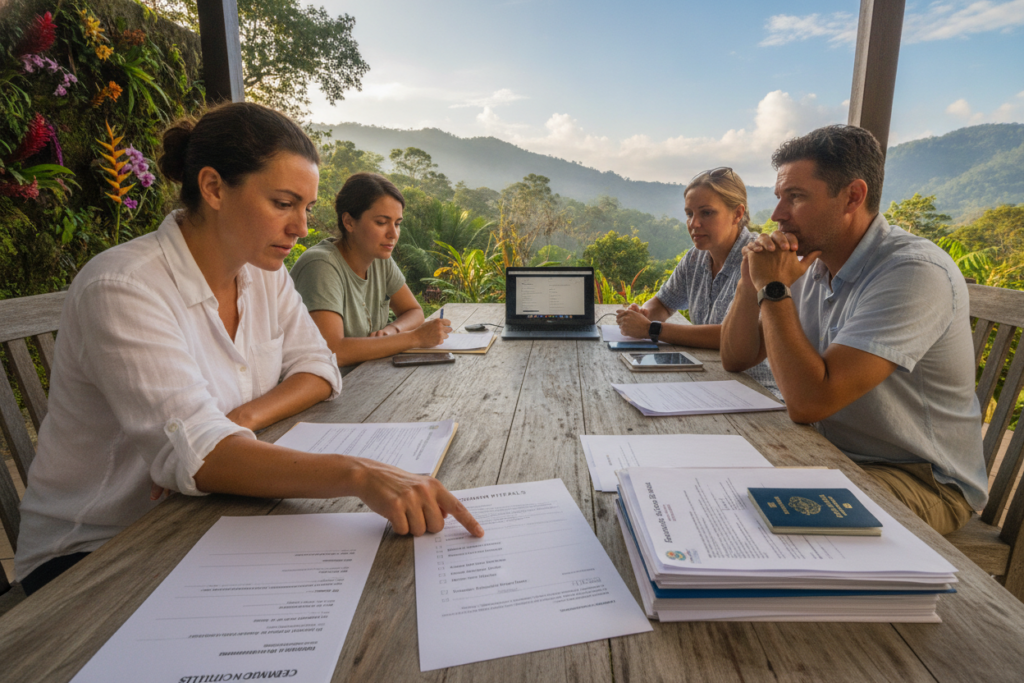 A serene, photorealistic scene set in Costa Rica, featuring a diverse group of individuals gathered around a table outdoors, reviewing residency application documents. In the foreground, one person, casually dressed in light summer attire, points to a checklist of common pitfalls with a concerned expression. The middle of the image shows various application materials, including forms and a laptop, alongside a tropical backdrop with lush greenery and colorful flowers. The background features a clear blue sky and hints of distant mountains, bathed in warm, natural sunlight creating a calming and focused atmosphere. The overall mood is one of determination and collaboration, emphasizing the importance of careful review and avoidance of mistakes in the residency application process.