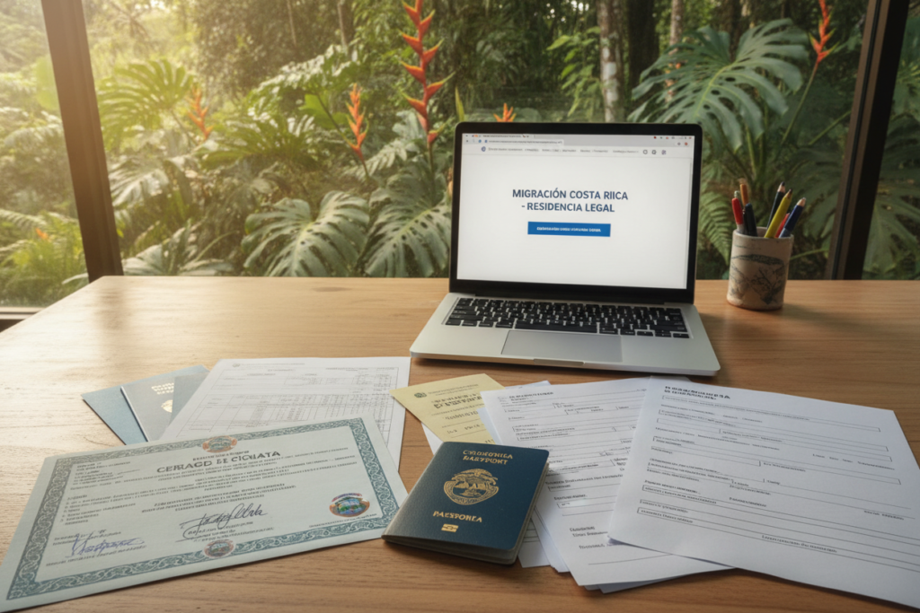 A serene, photorealistic scene set in Costa Rica, featuring a well-organized desk with essential residency documents neatly arranged. In the foreground, a marriage certificate prominently displayed, alongside a passport, application forms, and supporting documents, all in vibrant colors. The middle ground showcases a laptop open to a relevant immigration website, reflecting natural sunlight filtering through a nearby window. In the background, lush tropical plants are visible, hinting at the Costa Rican landscape. The atmosphere is professional yet relaxed, capturing the essence of preparing key paperwork for residency. The lighting is warm and inviting, suggesting a bright and hopeful mood. No human figures are present, maintaining a focus on the documents and the serene environment.