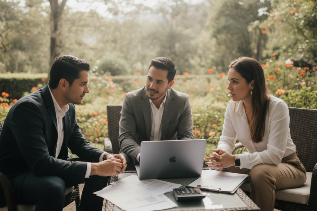 A serene, photorealistic scene set in Costa Rica, showcasing a professional environment where financial discussions take place regarding DIMEX fees. In the foreground, a diverse group of three individuals—two men and one woman—are engaged in a discussion around a laptop, all dressed in smart casual attire. The middle ground features a small table covered with official documents and a calculator, while the background provides a glimpse of Costa Rica's lush green foliage and vibrant flowers, capturing the country's natural beauty. The warm, natural lighting filters through nearby trees, creating a calm and inviting atmosphere. The perspective is slightly angled to capture depth, highlighting the essence of Costa Rican culture in a professional setting without any text or distractions.