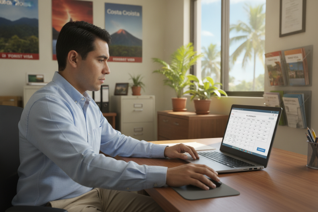 A serene, photorealistic scene set in a bright, welcoming Costa Rican embassy office. In the foreground, an individual of Hispanic descent, dressed in casual yet professional attire, sits at a desk with a laptop open, focused on a digital calendar displaying appointment slots for visa applications. The middle ground features a neatly organized office, with a tropical window view showcasing palm trees and blue skies. In the background, a wall adorned with travel posters and informational brochures hints at various visa types. Natural light floods the space, creating an inviting atmosphere, while a shallow depth of field emphasizes the individual's focused expression. The mood is one of anticipation and seriousness, reflecting the importance of timely appointment booking in the visa application process.