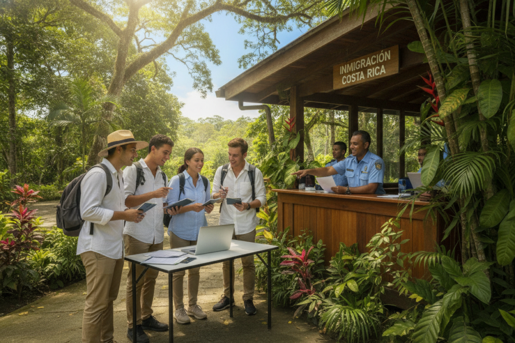 A serene, photorealistic scene set in beautiful Costa Rica, focusing on a picturesque immigration office surrounded by lush greenery and tropical plants. In the foreground, a diverse group of young adults, dressed in casual but neat clothing, engage in discussion while holding immigration documents and a laptop, exuding a sense of eagerness and determination. The middle ground features a friendly immigration officer providing guidance, with a welcoming smile, showcasing a professional demeanor. The background depicts a bright, clear sky with gentle sunlight filtering through the trees, creating a warm and inviting atmosphere. Capture the essence of smooth navigation through the immigration process, conveying hopefulness and proactive engagement. Use natural lighting to enhance the scene's authenticity.