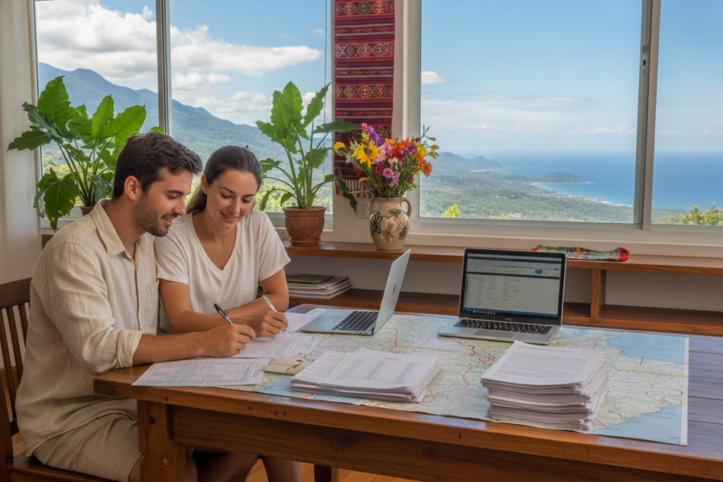 A serene, photorealistic scene showcasing a comfortable Costa Rican home office setting for budgeting and relocation planning. In the foreground, a young couple, casually dressed, sits at a table cluttered with financial documents, laptops, and a large Costa Rican map, analyzing their budget for residency. The middle ground features lush tropical plants and traditional Costa Rican decor, while the vibrant blue sky is visible through large windows, providing natural light. In the background, a picturesque landscape of mountains and the Pacific Ocean can be seen, enhancing the sense of paradise. The mood is focused yet relaxed, highlighting the excitement of planning a new life in Costa Rica.