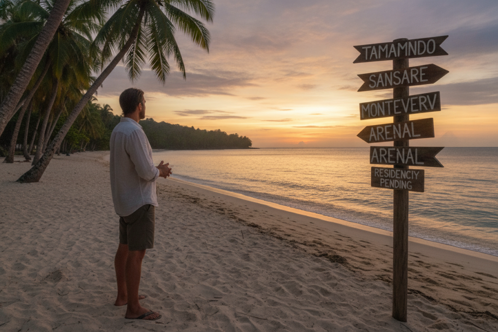 A serene, photorealistic tropical scene set in Costa Rica, depicting a traveler contemplating their journey as residency renewal is pending. In the foreground, a casually dressed individual, perhaps wearing light, breathable clothing, stands thoughtfully by a vibrant beachside with lush green palm trees swaying gently in the breeze. In the middle ground, a wooden signpost displays directions to various Costa Rican destinations, symbolizing travel options. The background reveals a stunning sunset over the Pacific Ocean, casting warm golden and orange hues across the sky. Natural light illuminates the scene, creating a calm and reflective mood, inviting viewers to consider their travel options while in the midst of residency renewal. The angle captures the picturesque coastline, ensuring a focus on the beauty and tranquility of Costa Rica.
