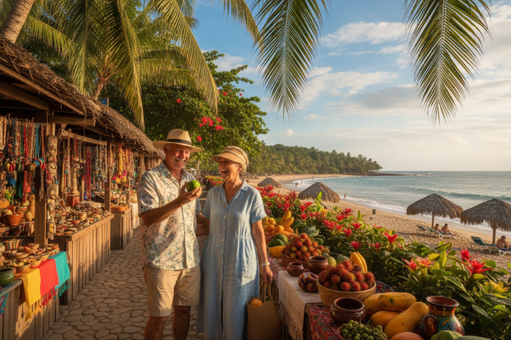 A serene, picturesque scene capturing the essence of retirement in Costa Rica. In the foreground, a couple of retirees, dressed in modest casual attire, joyfully exploring a vibrant local market filled with fresh tropical fruits and handmade crafts. The middle ground features lush greenery, with vibrant flowers and swaying palm trees, showcasing the rich biodiversity of Costa Rica. In the background, gentle waves lap against a sandy beach under a brilliant blue sky, inviting relaxation. The lighting is warm and natural, simulating early afternoon sunshine, casting soft shadows that enhance the tranquil atmosphere. The overall mood conveys happiness, adventure, and a deep connection to the local culture and environment. A serene, picturesque scene capturing the essence of retirement in Costa Rica. In the foreground, a couple of retirees, dressed in modest casual attire, joyfully exploring a vibrant local market filled with fresh tropical fruits and handmade crafts. The middle ground features lush greenery, with vibrant flowers and swaying palm trees, showcasing the rich biodiversity of Costa Rica. In the background, gentle waves lap against a sandy beach under a brilliant blue sky, inviting relaxation. The lighting is warm and natural, simulating early afternoon sunshine, casting soft shadows that enhance the tranquil atmosphere. The overall mood conveys happiness, adventure, and a deep connection to the local culture and environment.