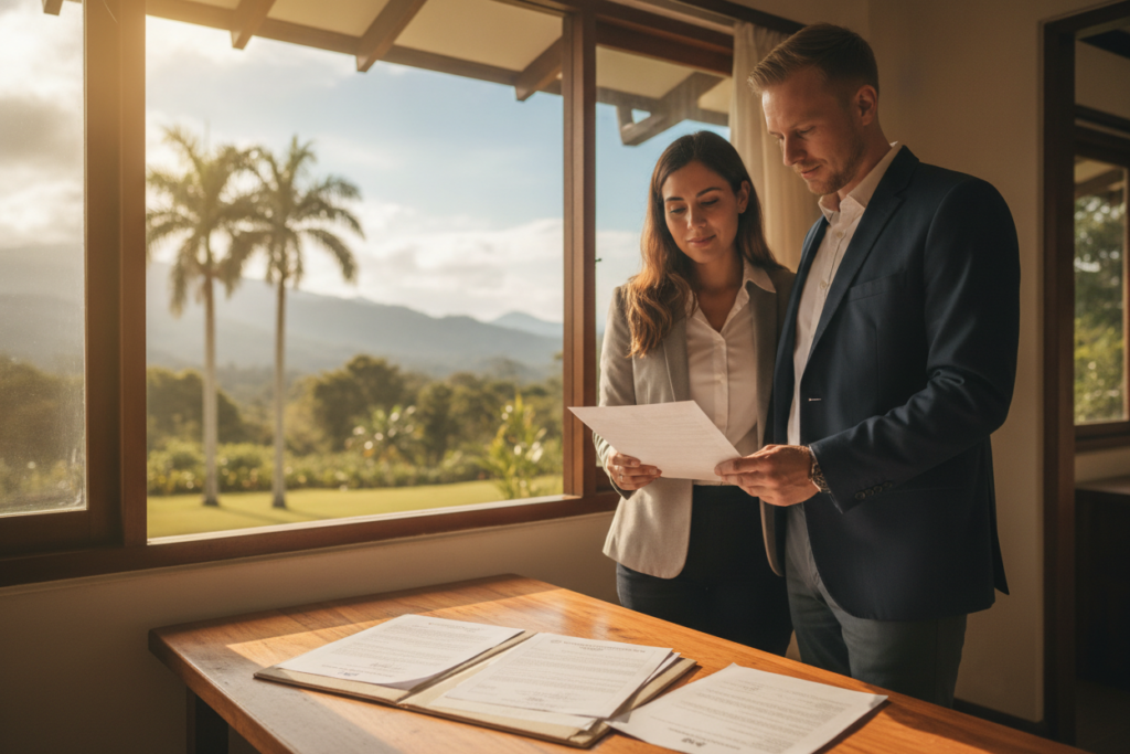 A serene, picturesque scene depicting a couple navigating the residency process in Costa Rica through marriage. In the foreground, a diverse couple in professional attire, standing together while examining a marriage certificate. The woman, of Latin descent, has long brown hair, while the man, of European descent, has short blonde hair. In the middle ground, a desk cluttered with necessary documents, like the marriage certificate and residency papers, illuminated by warm, natural sunlight filtering through a nearby window. In the background, a lush green landscape typical of Costa Rica, with palm trees and distant mountains under a blue sky. The mood is hopeful and optimistic, symbolizing new beginnings and the journey toward residency. The overall ambiance is calm and inviting, reflecting the essence of Costa Rica.
