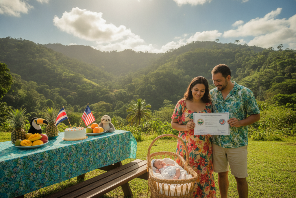 A serene scene depicting a Costa Rican family gathered outdoors, celebrating the birth of their newborn. In the foreground, a mother and father, casually dressed in light, vibrant clothing suitable for a tropical climate, hold a birth certificate between them, symbolizing the concept of dual citizenship. Their expressions are joyful and proud, radiating love and hope. In the middle ground, a colorful table adorned with national flags of Costa Rica and another country, surrounded by decorative baby items like soft toys and a small cake. In the background, lush green hills and a clear blue sky evoke the natural beauty of Costa Rica, with natural sunlight illuminating the scene, casting soft shadows, creating a warm and inviting atmosphere.