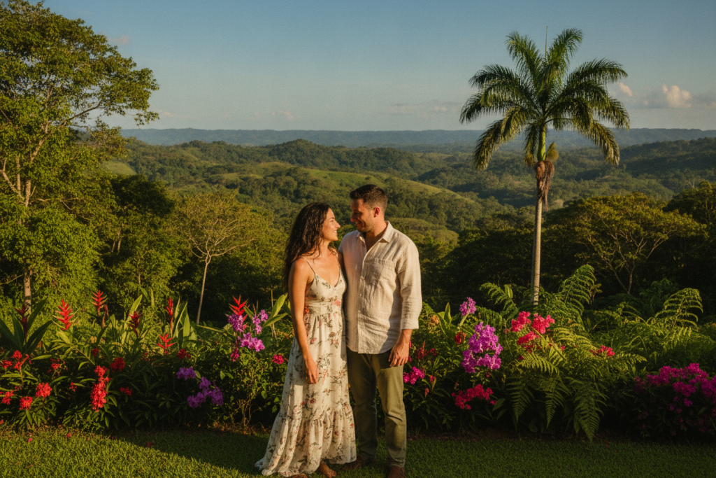 A serene scene depicting a couple in a lush Costa Rican landscape, embodying love and partnership. In the foreground, the couple is casually dressed, standing together with warm smiles. The woman has long dark hair and is wearing a light, flowing dress, while the man has short dark hair and is in a comfortable shirt and pants. In the middle ground, vibrant tropical flowers and greenery surround them, symbolizing the rich culture and natural beauty of Costa Rica. The background features a picturesque view of rolling hills and a clear blue sky, bathed in natural sunlight, creating a warm and inviting atmosphere. The entire composition conveys a sense of harmony and connection, reflecting the theme of residency through marriage.