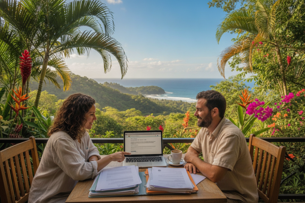 A serene scene depicting a couple seated at an outdoor café in a lush Costa Rican environment, discussing the residency renewal process. In the foreground, they are surrounded by vibrant tropical plants and colorful flowering trees, with paperwork and a laptop on the table, symbolizing their application efforts. The couple, dressed in casual, modest clothing, appears engaged and hopeful, reflecting a positive atmosphere. In the middle ground, lush green hills and a hint of the blue Pacific coastline are visible, capturing the beauty of Costa Rica. The background features a clear, sunny sky with soft natural lighting creating a warm and inviting mood. The image conveys a sense of understanding and clarity about the residency process while immersing the viewer in the vibrant Costa Rican landscape.