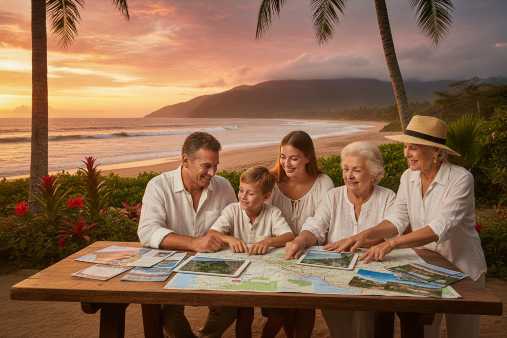 A serene scene depicting a family and an individual planning their move to Costa Rica, set against a picturesque background of lush green mountains and a vibrant sunset sky. In the foreground, a diverse family, casually dressed in comfortable clothing, examines brochures and maps on a rustic wooden table, showcasing their excitement and curiosity. The middle ground features tropical flora, such as palm trees and colorful flowers, adding to the atmosphere of adventure. In the background, the stunning coastline of Costa Rica can be seen, with gentle waves lapping at the sandy shore. Warm, natural lighting enhances the welcoming and hopeful mood of the scene, evoking a sense of opportunity and new beginnings.