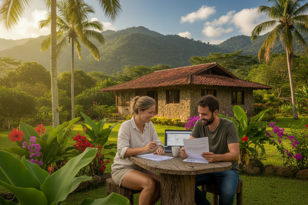 A serene scene depicting a picturesque Costa Rican landscape to illustrate compliance through residency. In the foreground, a casually dressed expatriate couple, appearing focused and engaged, review documents regarding their residency status outdoors at a rustic wooden table. The couple is surrounded by lush tropical vegetation, colorful flowers, and gentle sunlight filtering through palm trees. In the middle ground, a traditional Costa Rican house with a stone exterior reflects the local architecture. The background showcases distant mountains under a bright blue sky with fluffy white clouds, creating a tranquil and hopeful atmosphere. The image is bathed in warm natural lighting, maintaining a photorealistic style that embodies the spirit of living and complying in Costa Rica. A serene scene depicting a picturesque Costa Rican landscape to illustrate compliance through residency. In the foreground, a casually dressed expatriate couple, appearing focused and engaged, review documents regarding their residency status outdoors at a rustic wooden table. The couple is surrounded by lush tropical vegetation, colorful flowers, and gentle sunlight filtering through palm trees. In the middle ground, a traditional Costa Rican house with a stone exterior reflects the local architecture. The background showcases distant mountains under a bright blue sky with fluffy white clouds, creating a tranquil and hopeful atmosphere. The image is bathed in warm natural lighting, maintaining a photorealistic style that embodies the spirit of living and complying in Costa Rica.