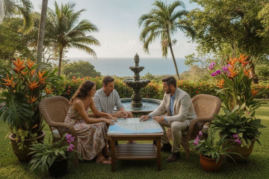 A serene scene depicting a professional consultant interacting with a couple in a lush Costa Rican garden. In the foreground, the couple, casually dressed in light, tropical clothing, appear engaged and relaxed as they discuss their relocation plans with the consultant, who wears smart casual attire. In the middle ground, vibrant tropical plants and a small fountain create a welcoming atmosphere. The background features a glimpse of the Pacific Ocean, framed by palm trees under a clear blue sky. The lighting is soft and natural, evoking a warm, inviting mood. The scene conveys the importance of professional guidance in ensuring a smooth relocation experience. The image captures the essence of tranquility and support in the picturesque setting of Costa Rica.