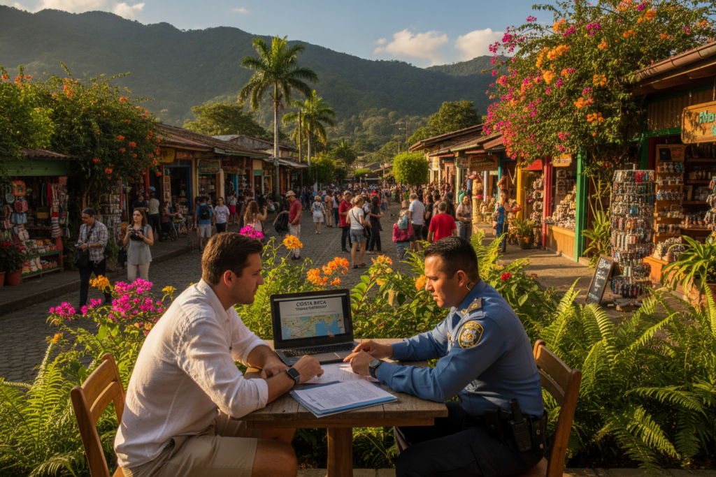 A serene scene depicting a traveler sitting at a quaint outdoor cafe in Costa Rica, surrounded by lush greenery and vibrant tropical flowers. In the foreground, the traveler, wearing casual but professional attire, is engaged in conversation with a local officer about residency paperwork, while a laptop displaying travel plans is open on the table. The middle ground shows a bustling street with colorful shops and other tourists enjoying the ambiance, showcasing the blend of local culture and tourism. In the background, the iconic mountains and a clear blue sky set a tranquil mood. Natural sunlight bathes the scene, creating a warm atmosphere that conveys a sense of adventure and anticipation. The angle is slightly elevated, giving a clear view of both the traveler and the captivating environment.