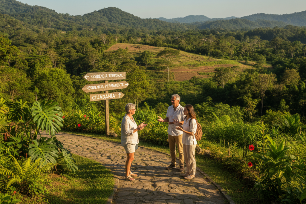 A serene scene depicting a vibrant Costa Rican landscape reflecting common concerns about residency and immigration. In the foreground, a diverse group of three individuals, casually dressed and engaged in a conversation, representing potential immigrants, stand on a sunlit pathway lined with tropical plants. The middle ground features a rustic wooden signpost with arrows pointing toward various residency options, illustrating choice and guidance. In the background, picturesque rolling hills covered in lush greenery contrast against a clear blue sky, enhancing the sense of tranquility and new beginnings. Soft, natural lighting bathes the scene, creating a welcoming atmosphere that embodies hope and community. The overall mood is optimistic and inviting, capturing the essence of settling in Costa Rica.