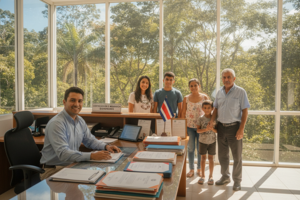 A serene scene depicting the certification process in Costa Rica, featuring a front desk at a government office with a friendly official in modest casual clothing assisting a diverse group of individuals. In the background, large windows showcase lush greenery and a clear blue sky, illustrating Costa Rica’s vibrant natural beauty. Soft, natural lighting filters through these windows, casting gentle shadows that create a welcoming atmosphere. The middle-ground includes certifications and documents neatly organized on the desk, and a Costa Rican flag subtly displayed. The mood is professional yet approachable, reflecting the importance of migration certification while maintaining a friendly environment. The scene captures the essence of bureaucratic efficiency amid Costa Rica’s picturesque surroundings.