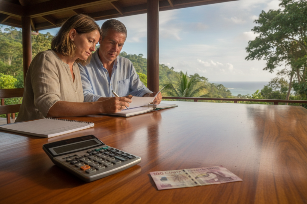 A serene scene depicting the concept of "Financial Readiness for Costa Rica Residency." In the foreground, a neatly arranged table features a calculator, notepad, and a Costa Rican currency banknote, symbolizing financial planning. The middle ground shows a relaxed couple in casual yet modest attire, reviewing financial documents together, their expressions focused and thoughtful. In the background, a lush Costa Rican landscape includes vibrant greenery and a hint of the ocean, capturing the country's natural beauty and tranquility. The image is bathed in soft, natural light, creating a warm and inviting atmosphere. The angle is slightly elevated, giving a clear view of both the couple and the picturesque setting, emphasizing the blend of personal and financial readiness for life in Costa Rica. A serene scene depicting the concept of "Financial Readiness for Costa Rica Residency." In the foreground, a neatly arranged table features a calculator, notepad, and a Costa Rican currency banknote, symbolizing financial planning. The middle ground shows a relaxed couple in casual yet modest attire, reviewing financial documents together, their expressions focused and thoughtful. In the background, a lush Costa Rican landscape includes vibrant greenery and a hint of the ocean, capturing the country's natural beauty and tranquility. The image is bathed in soft, natural light, creating a warm and inviting atmosphere. The angle is slightly elevated, giving a clear view of both the couple and the picturesque setting, emphasizing the blend of personal and financial readiness for life in Costa Rica.