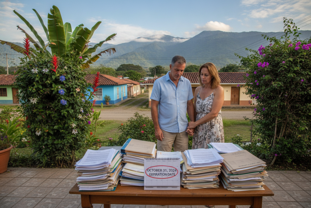 A serene scene depicting the consequences of expired residency status in Costa Rica. In the foreground, a casually dressed middle-aged couple appears concerned, standing beside a table piled with official immigration documents and a calendar marked with an expiration date. In the middle ground, vibrant tropical plants and exotic flowers frame a quaint Costa Rican neighborhood, showcasing traditional houses with colorful facades. In the background, a hint of the lush green mountains under a clear blue sky offers a sense of tranquility yet suggests the urgency of addressing their situation. The lighting is soft and natural, emphasizing the mood of contemplation and determination, captured from a slight low angle to provide depth and focus on the couple's expressions.