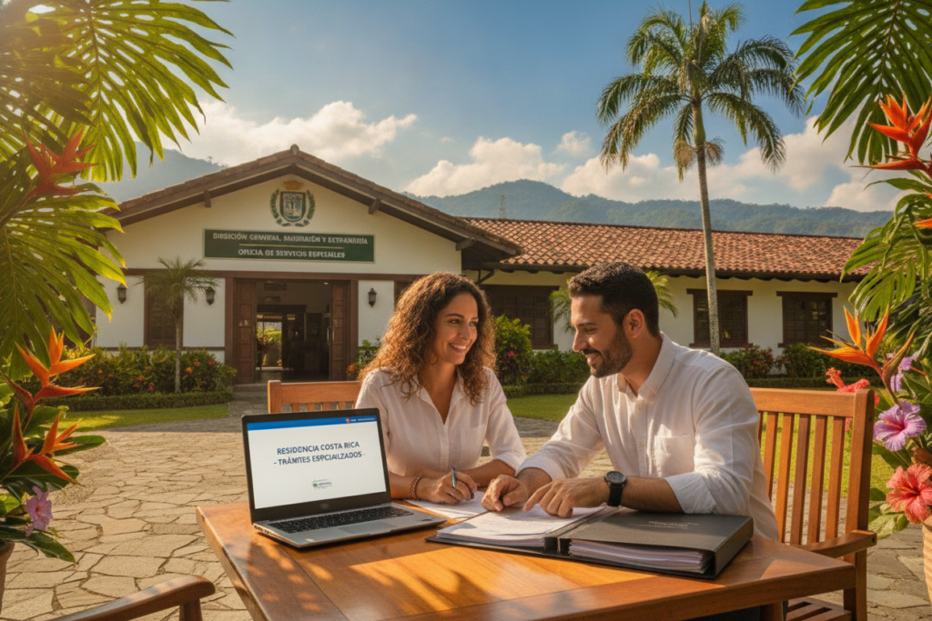 A serene scene in Costa Rica illustrating residency navigation for specialized workers. In the foreground, a casually dressed professional couple, with a laptop and documents, are engaged in a discussion outside a welcoming government office. In the middle, vibrant green tropical plants and colorful flowers frame the scene, while a clear blue sky enhances the atmosphere. The background features a charming building with Costa Rican architecture, surrounded by palm trees and a hint of mountains. Natural sunlight creates a warm, inviting glow, casting soft shadows. The overall mood is encouraging and focused, capturing the essence of embarking on a residency journey in Costa Rica.