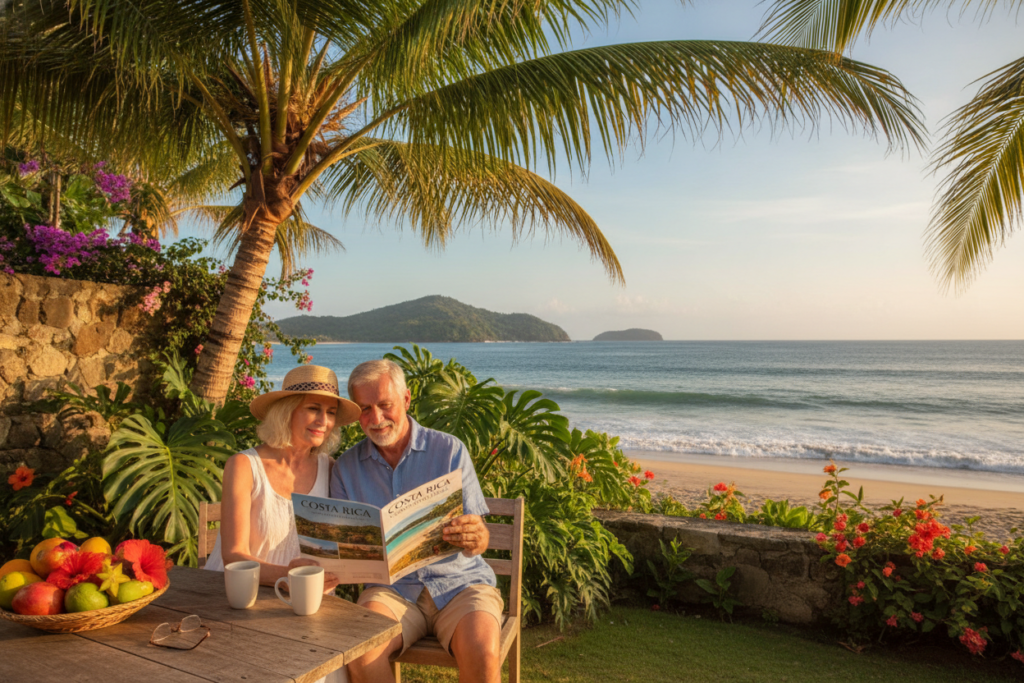 A serene scene showcasing a retired couple exploring residency options in Costa Rica. The foreground features the couple, a man and a woman in casual, modest clothing, studying a brochure about residency. The middle ground includes a vibrant, tropical garden with lush greenery, colorful flowers, and a small table with coffee and fruit. In the background, the stunning coastline of Costa Rica with gentle waves and a clear blue sky creates a sense of tranquility. The scene is bathed in natural sunlight, emphasizing the warm, inviting atmosphere. The image should capture the essence of exploring new beginnings in a beautiful, peaceful setting, evoking feelings of hope and adventure.