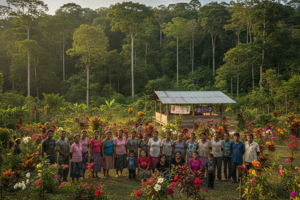 A serene scene showcasing asylum seekers in Costa Rica, with a lush green rainforest in the background symbolizing hope and refuge. In the foreground, a diverse group of individuals dressed in modest casual clothing stands together, expressing unity and determination. They are surrounded by tropical plants and vibrant flowers, reflecting the rich biodiversity of Costa Rica. Soft, warm natural light filters through the trees, creating an inviting atmosphere. In the middle ground, a small, open community center can be seen, symbolizing support and services provided to refugees. The composition captures a sense of peace and resilience, with gentle shadows enhancing the mood of optimism. The image is framed from a slightly elevated angle, allowing for a clear view of the scene's elements.