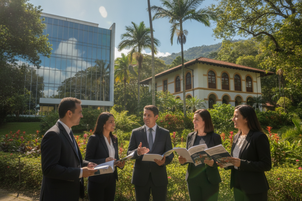 A serene scenic view showcasing Costa Rican government buildings, such as a modern public office and a historical colonial-style building, set in a lush green landscape typical of the country. In the foreground, a diverse group of individuals in professional business attire engage in discussion, holding documents and guides related to immigration policies, symbolizing collaboration and navigation through regulations. In the middle ground, trees and tropical plants provide a natural backdrop, while the vibrant blue sky illuminates the scene with soft, natural light. The atmosphere conveys a sense of hope, progress, and the welcoming spirit of Costa Rica, inviting viewers to embrace the journey of understanding government policies.