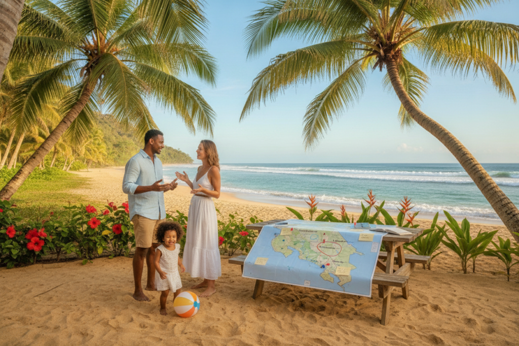 A serene tropical landscape in Costa Rica, showcasing a family of diverse nationalities discussing their plans for immigration by a picturesque beach. In the foreground, a mixed-gender family—parents in smart casual attire conversing and a child playing with a beach ball. In the middle ground, a paper map of Costa Rica spread out on a picnic table with markers indicating key locations for relocating, like schools and neighborhoods. Lush green palm trees and vibrant hibiscus flowers dot the scene, set against a bright blue sky illuminated by warm, natural sunlight. In the background, waves gently lapping at the shore, creating a peaceful and inviting atmosphere that embodies hope and excitement for a new beginning in Costa Rica.