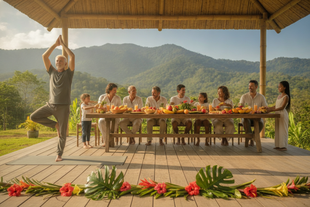 A serene view of a diverse group of residents engaged in healthy activities in a lush Costa Rican environment. In the foreground, an older man and a young woman practice yoga together on a wooden deck, surrounded by tropical plants and flowers. In the middle ground, families share a communal meal featuring local fruits and vegetables, illustrating community support and nutrition. In the background, vibrant mountains and blue skies bathe the scene in natural light, creating an inviting atmosphere. The overall mood is one of tranquility and well-being, capturing the essence of healthy living in Costa Rica. The image should have a soft focus, with warm tones enhancing the feeling of community and health. No people are depicted in business attire, ensuring a casual, welcoming feel.