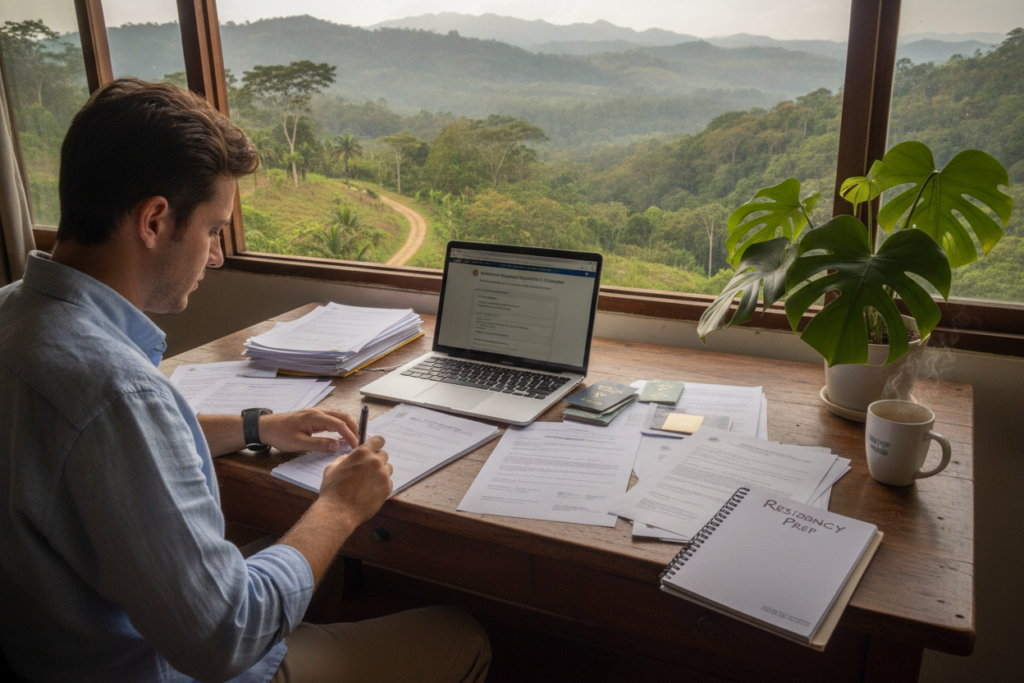 A serene workspace in Costa Rica, featuring a wooden desk cluttered with important documents, application forms, and a laptop displaying a residency webpage. In the foreground, a focused professional in modest casual clothing (no suits), is reviewing documents, jotting down notes with a pen. The middle ground shows a tropical plant and a cup of coffee, enhancing the atmosphere. In the background, a large window reveals a picturesque view of the Costa Rican landscape, including lush greenery and gentle hills under soft natural lighting. The scene conveys a calm and motivated mood, emphasizing the significance of thorough document preparation for residency applications.
