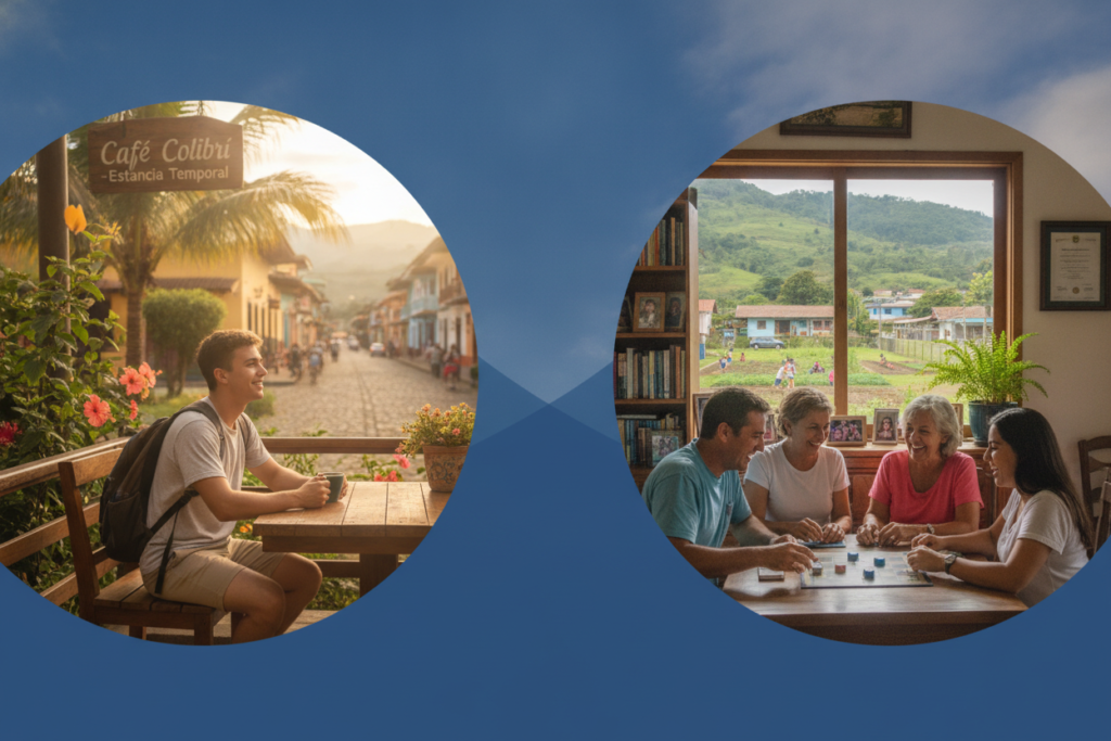 A split image illustrating the key differences between temporary and permanent residency in Costa Rica. On the left, a welcoming scene of a temporary resident: a casually dressed individual enjoying a local café, with a tropical backdrop of palm trees and vibrant flowers, natural sunlight filtering through. On the right, a permanent resident depicted in a tranquil home environment, showing features like a family gathering or a community involvement scene, illustrating stability and long-term commitment. The background transitions from a lively urban area to a serene suburban setting, symbolizing change. Use a soft focus to create an inviting atmosphere, with warm colors in the foreground and a clear blue sky in the background, enhancing the overall peaceful vibe.