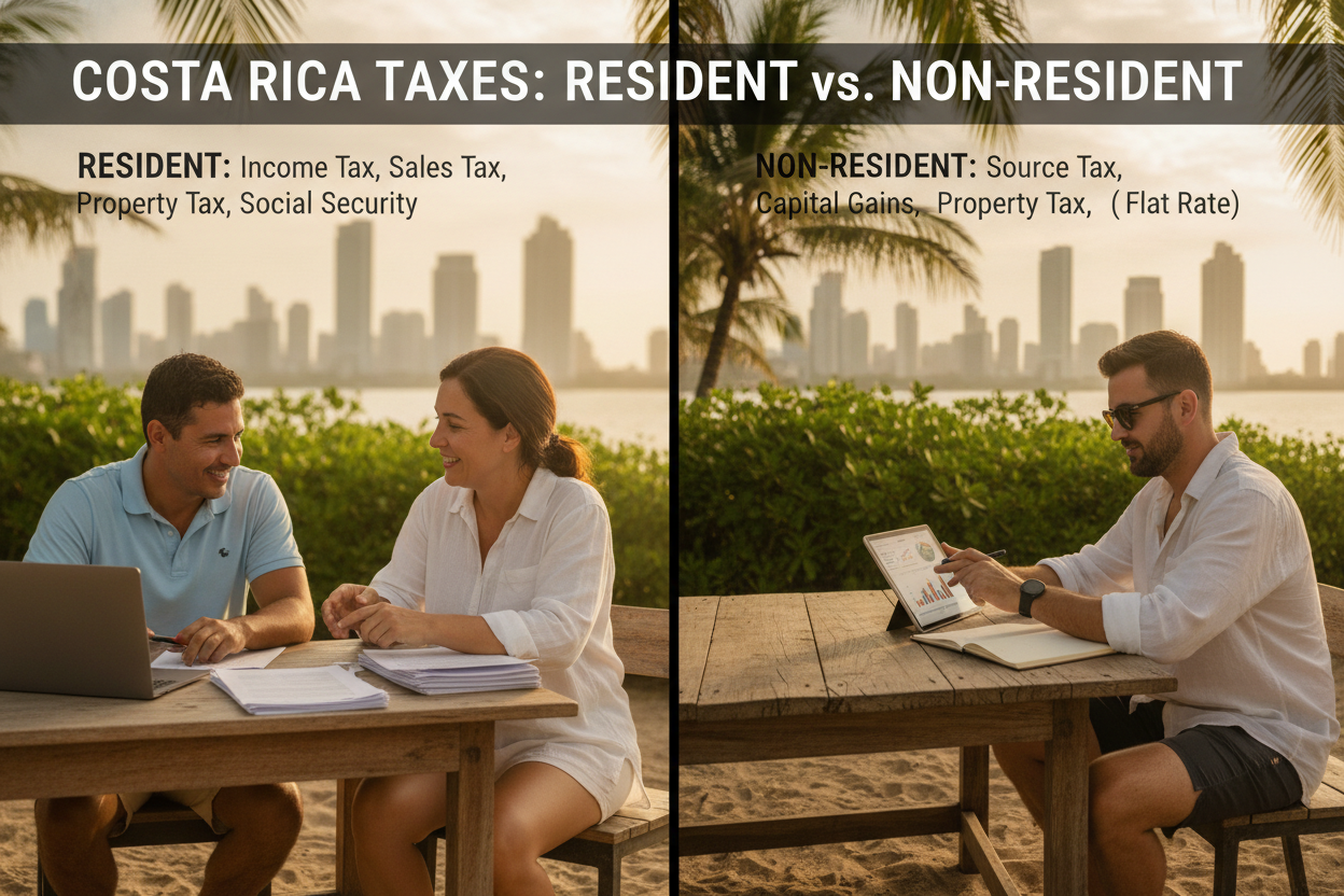 Split-scene composition depicting a comparison of tax obligations for residents and non-residents in Costa