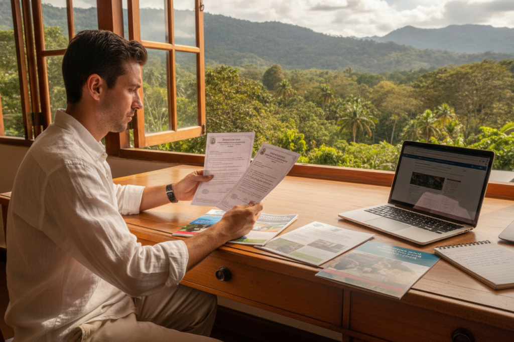 A split scene depicting an expat in a sunlit Costa Rican office, thoughtfully comparing residency documents on a polished wooden desk in the foreground. The individual, a casually dressed person in a light shirt and comfortable pants, is illuminated by warm natural light streaming through an open window. In the middle ground, an array of colorful brochures outlines different residency categories, surrounded by a laptop and notes. The background features a vibrant tropical landscape visible through the window, capturing the essence of Costa Rica with its lush greenery and distant mountains. The atmosphere is one of contemplation and decision-making, evoking a sense of clarity and purpose while setting the stage for important life choices. The image should be photorealistic.