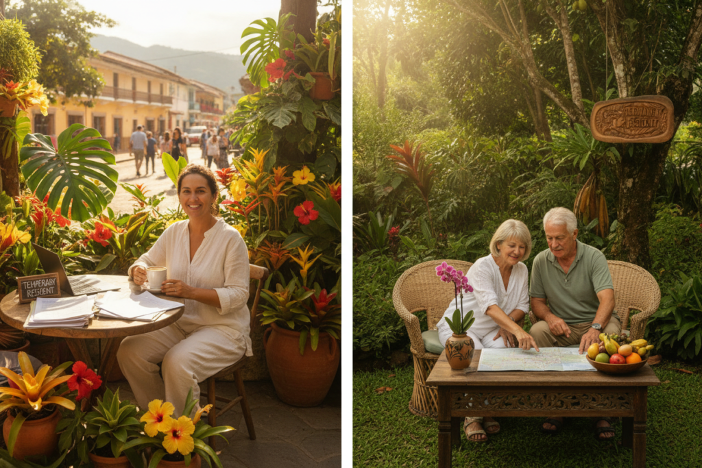 A split scene illustrating the contrast between Temporary and Permanent Residency in Costa Rica. On the left, a bright, sunlit setting depicting a Temporary Resident enjoying a relaxed outdoor café, surrounded by tropical plants and colorful flowers. The resident, dressed in casual, modest clothing, is sipping coffee while reviewing paperwork. On the right, a serene garden backdrop represents Permanent Residency, featuring a couple discussing future plans in a cozy, shaded area, with a small table adorned with local decor. Soft natural lighting enhances the vibrant colors of the Costa Rican landscape. The entire image conveys a warm, inviting atmosphere that highlights the relaxed yet detailed lifestyle aspects of each residency status.