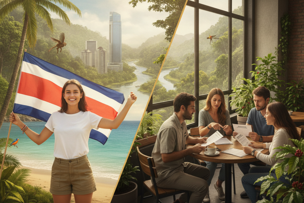 A split scene illustrating the differences between Costa Rican citizenship and residency. In the foreground, a casually dressed individual holding a Costa Rican flag, symbolizing citizenship, looking confidently towards the viewer with a serene smile. In the middle, a diverse group of people sitting at a café discussing documents, some looking at residency papers, reflecting the concept of residency. In the background, the lush greenery of a Costa Rican jungle merges with a vibrant urban landscape, showcasing iconic elements like coffee plants and modern architecture. Soft, natural lighting enhances the inviting atmosphere, with a focus on warm tones. The overall mood is optimistic and engaging, capturing the essence of belonging and community in Costa Rica. A split scene illustrating the differences between Costa Rican citizenship and residency. In the foreground, a casually dressed individual holding a Costa Rican flag, symbolizing citizenship, looking confidently towards the viewer with a serene smile. In the middle, a diverse group of people sitting at a café discussing documents, some looking at residency papers, reflecting the concept of residency. In the background, the lush greenery of a Costa Rican jungle merges with a vibrant urban landscape, showcasing iconic elements like coffee plants and modern architecture. Soft, natural lighting enhances the inviting atmosphere, with a focus on warm tones. The overall mood is optimistic and engaging, capturing the essence of belonging and community in Costa Rica.