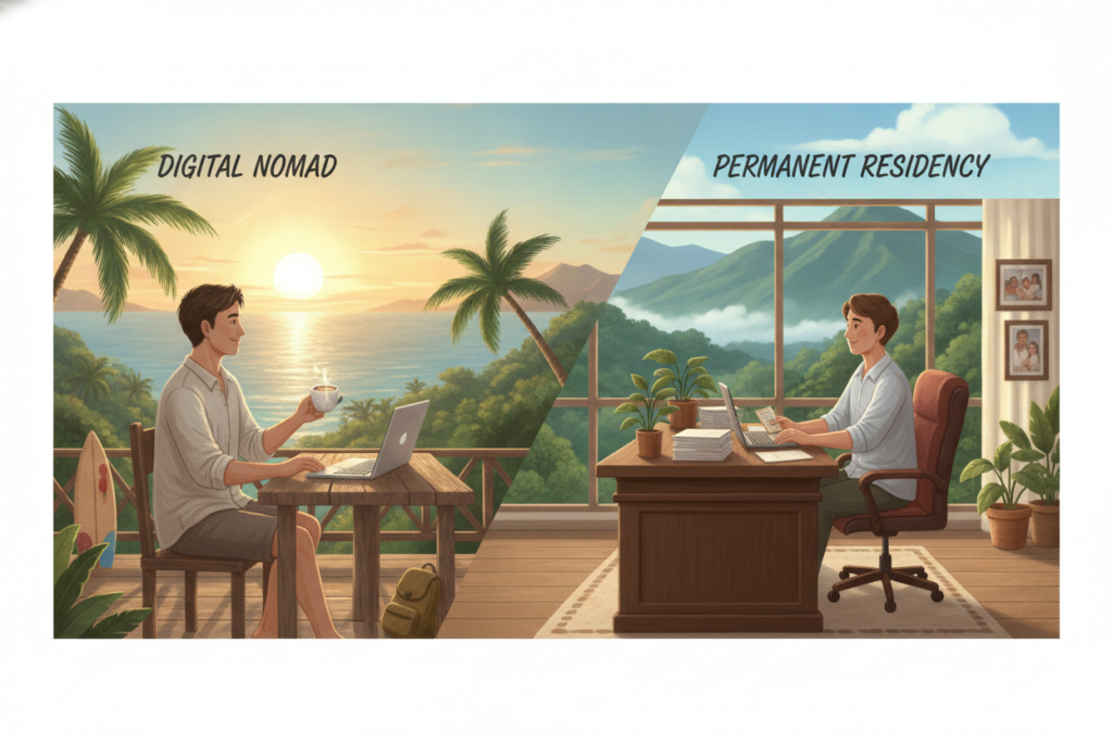 A split-scene illustration depicting a digital nomad lifestyle on one side and permanent residency options on the other, set against the lush backdrop of Costa Rica's vibrant nature. The foreground features a casually dressed individual with a laptop sitting at a beachside café, sipping coffee and enjoying the sunset, radiating a sense of freedom and adventure. In contrast, the middle showcases a cozy home office environment with glimpses of paperwork and a small desk plant, symbolizing stability and roots. The background highlights the scenic beauty of Costa Rica: palm trees, mountains, and a bright blue sky. Soft, natural lighting bathes the entire scene, creating a warm and welcoming atmosphere that captures the essence of both lifestyles.