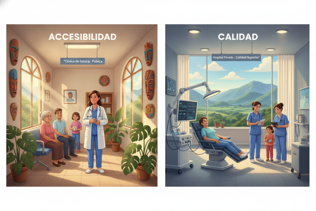 A split-scene illustration depicting the balance of public and private healthcare options in Costa Rica. In the foreground, a professional doctor in a crisp white coat interacts with patients in a clean, vibrant public clinic, featuring tropical plants and Costa Rican decor. In the middle ground, a modern private healthcare facility showcases patients being cared for in a comfortable setting, emphasizing advanced medical technology. The background features a lush green landscape typical of Costa Rica, with hints of the mountainous terrain under a clear blue sky. The lighting is natural, with warm sunlight pouring through windows, creating a welcoming atmosphere. Capture a sense of harmony between these healthcare models, reflecting both accessibility and quality care.