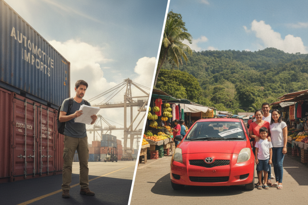 A split-scene illustration depicting the comparison of importing a car versus purchasing locally in Costa Rica. In the foreground, on the left, show a stressed traveler looking at paperwork while standing beside a large shipping container at a busy port, sunlight filtering through the clouds. On the right, portray a happy family smiling in front of a brightly colored, locally purchased car parked beside a vibrant Costa Rican market. The background showcases lush greenery typical of Costa Rica's hillsides, with palm trees and a clear blue sky. Use natural light to create a warm, inviting atmosphere, and frame the scene from a slightly elevated angle to capture both experiences clearly.