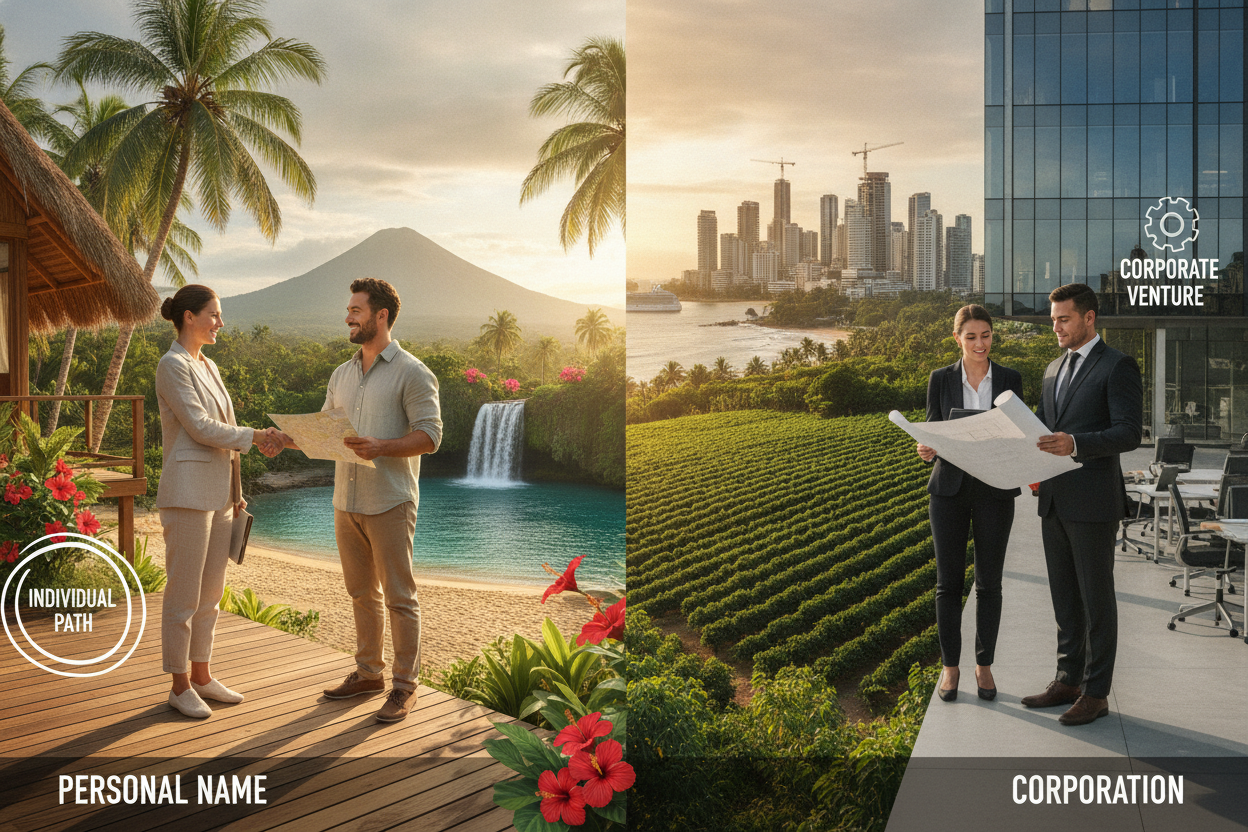 Split-scene image depicting two contrasting themes of "Personal Name" vs "Corporation" in the context of