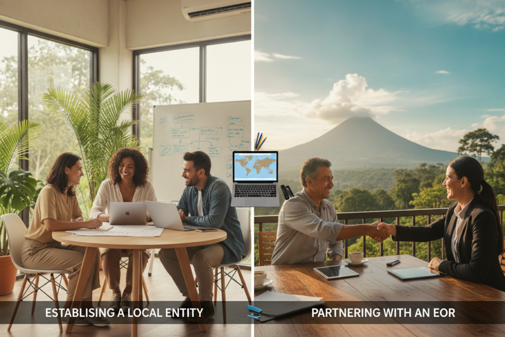 A split-scene image illustrating the concepts of establishing a local entity versus partnering with an Employer of Record (EOR) in Costa Rica. In the foreground, on the left, a small, modern office with a casual atmosphere, featuring a diverse group of professionals in modest casual clothing collaborating over documents at a round table, with tropical plants surrounding them. On the right, a friendly business meeting in an outdoor setting, showcasing a Costa Rican landscape, where a local business owner discusses opportunities with an EOR representative under natural light. The middle ground features a gentle transition with elements like office supplies and a laptop, while the background showcases lush greenery and a clear blue sky, evoking a warm and inviting atmosphere. The image should capture a sense of professionalism and collaboration.