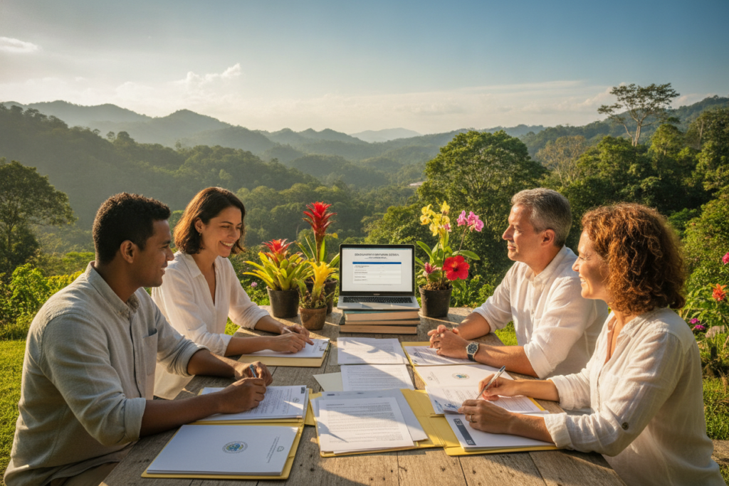 A step-by-step scene depicting the Costa Rica residency application process, emphasizing the beauty of the lush green landscape typical of Costa Rica. In the foreground, a small group of diverse individuals—professionals in modest casual clothing—gather around a table covered with application forms and documents. In the middle ground, an open laptop displays official government forms, while colorful Costa Rican flora adds vibrancy to the setting. In the background, a sunny blue sky highlights lush hills, capturing the serene atmosphere of Costa Rica. Use natural light to illuminate the scene, creating a warm and inviting ambiance. The perspective should be slightly angled to focus on the group's interaction, conveying a sense of collaboration and hope.